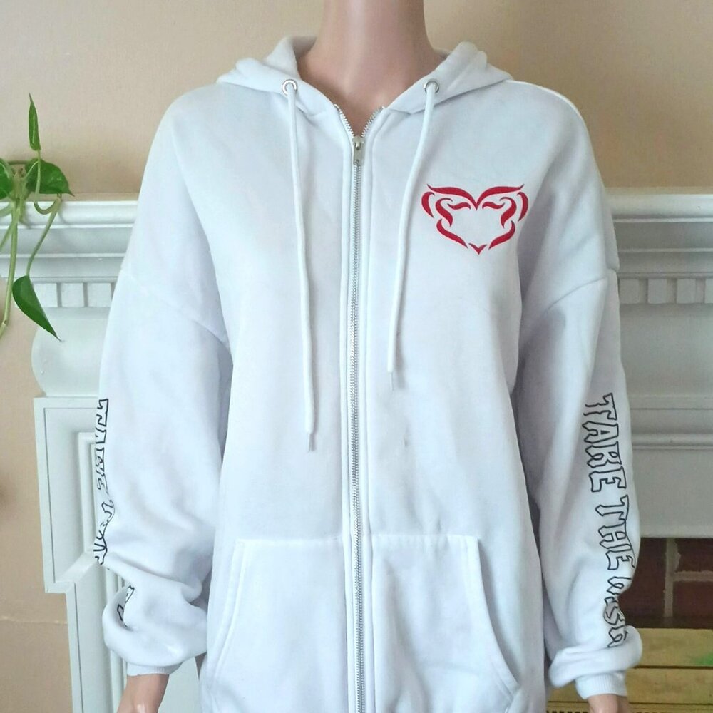 Women's White Zip Front Hoodie M Take the Risk with Red Heart